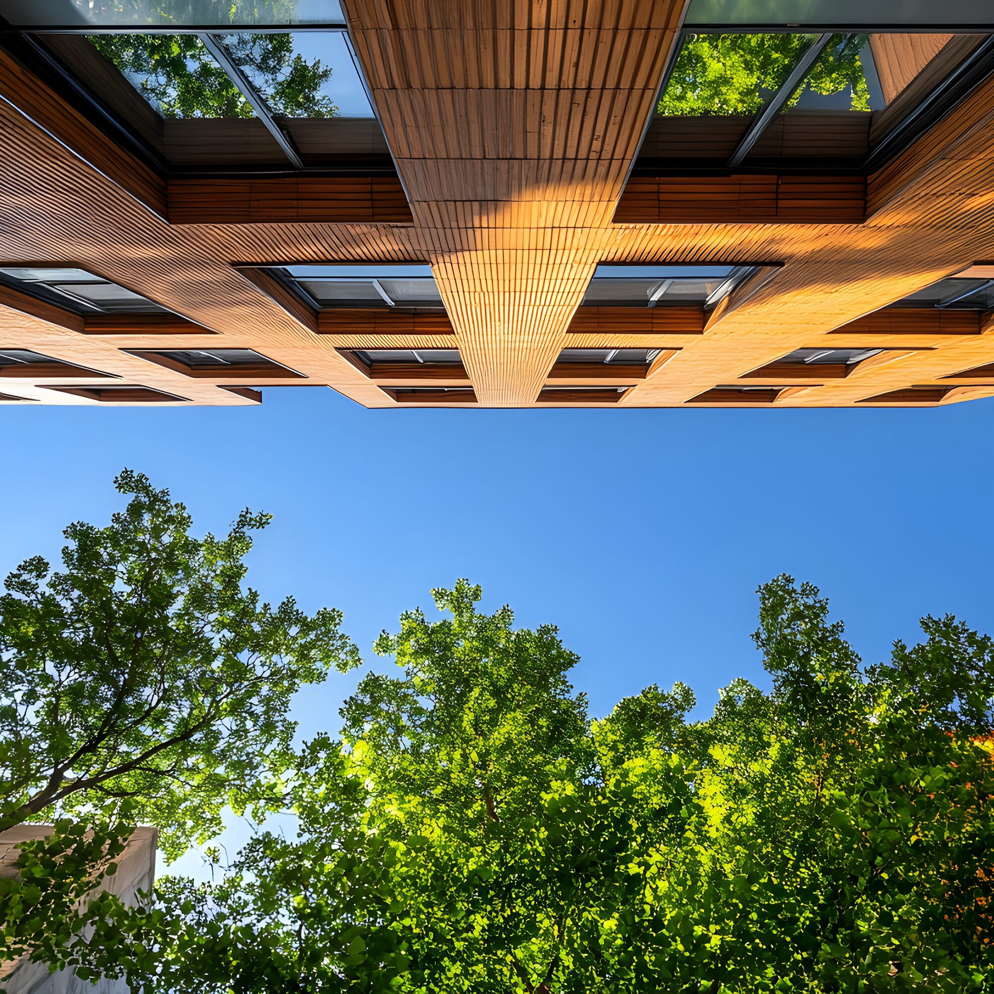 A modern apartment building with a warm wood facade is led amongst lush green trees against a vibrant blue sky.